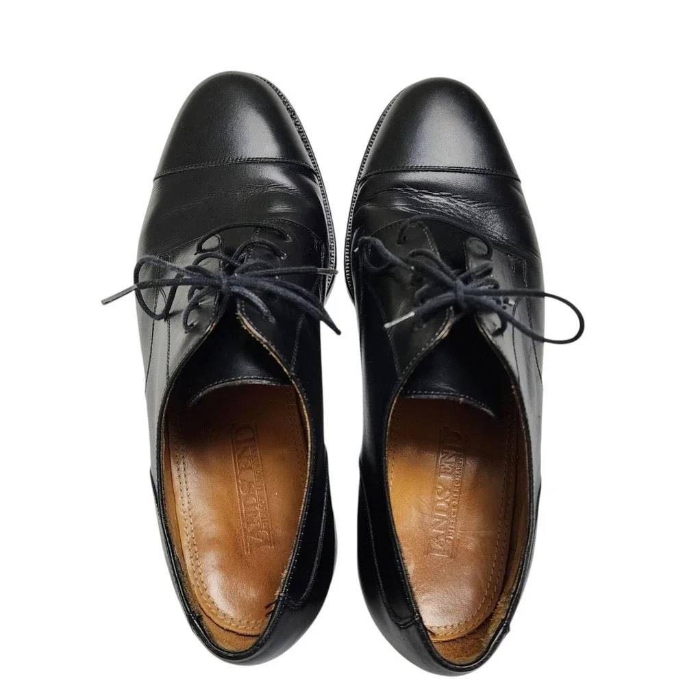 Lands End Mens Black Leather Cap Toe Oxford Dress Shoes Size 8 64546 Brazil